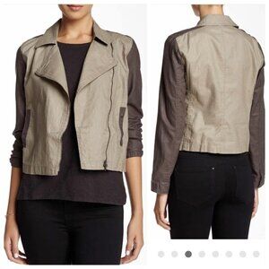 • Eileen Fisher Coated Organic Linen Moto Jacket Asymmetric Zip Stone $258 A0